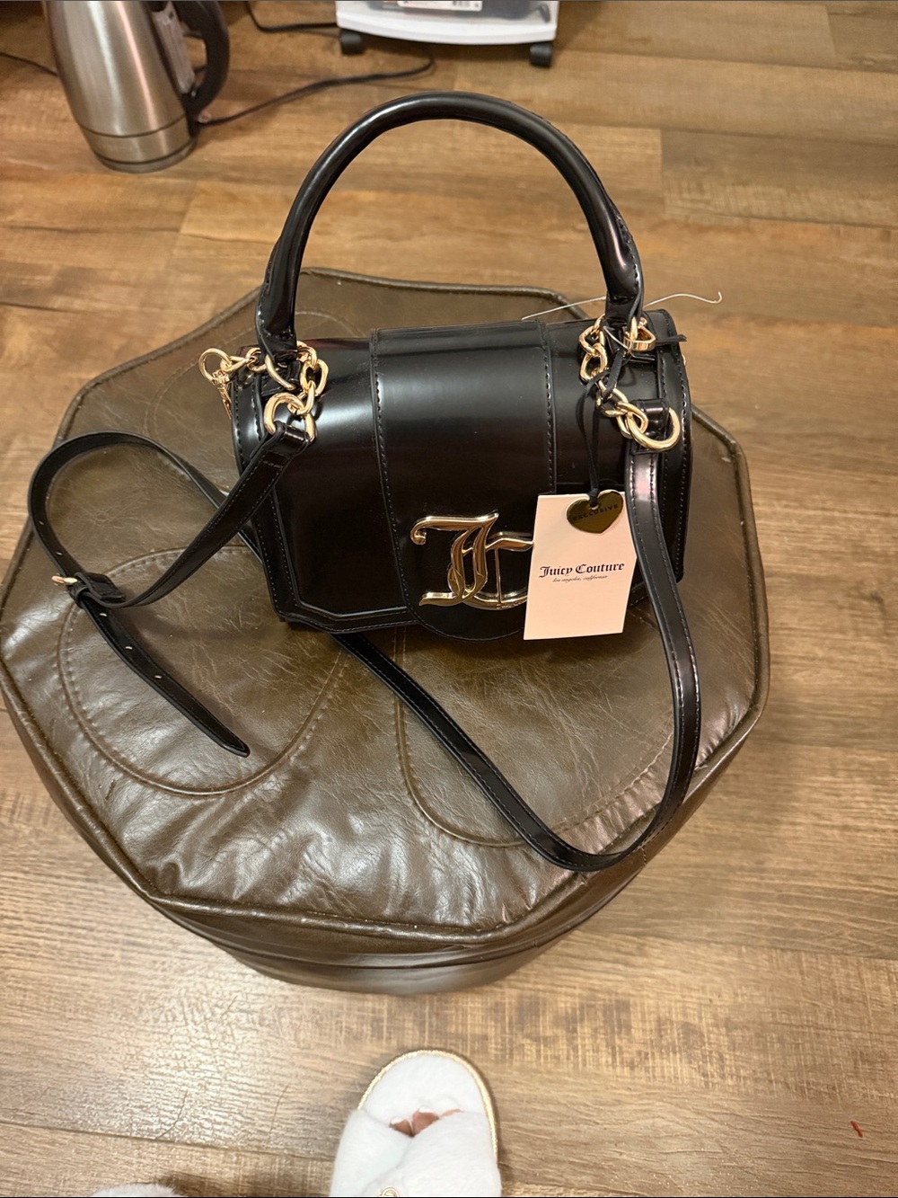 Juicy Couture Black Leather Satchel with Gold Hardware Accent